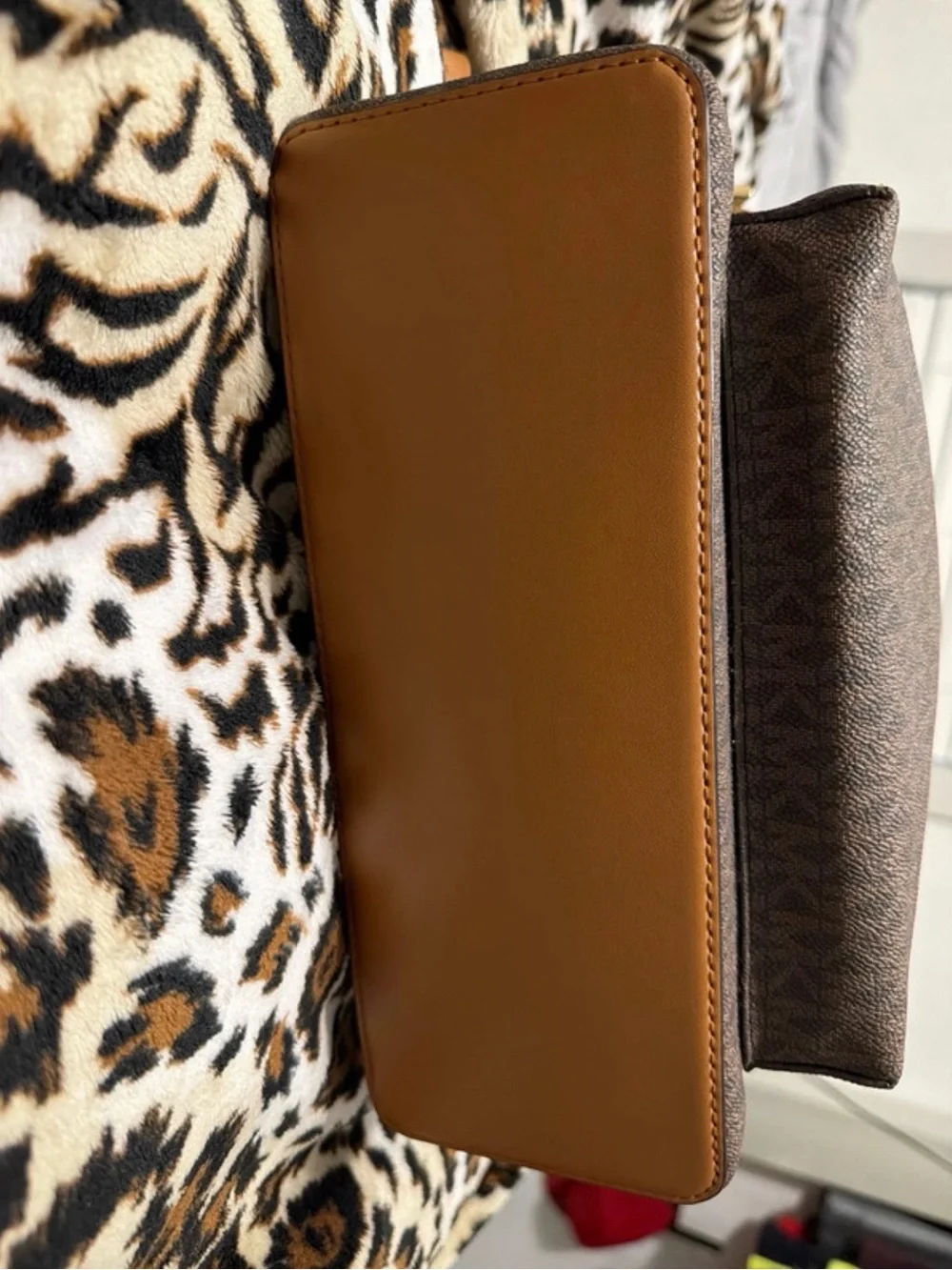 Michael Kors Brown Monogram Backpack with Tan Trim and Gold Hardware